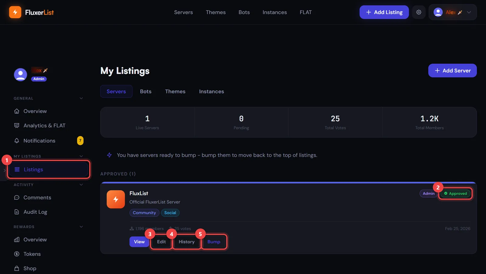 The dashboard Listings tab with the Listings menu item and the Approved status marked