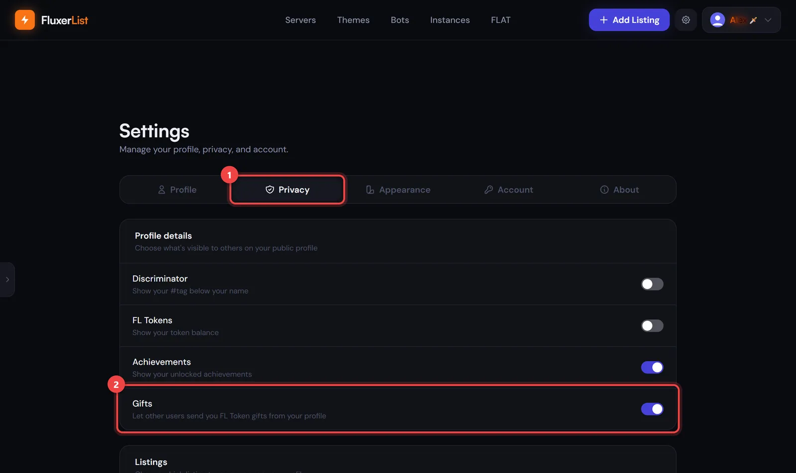 The Privacy tab in Settings with the Privacy tab and the Gifts toggle marked