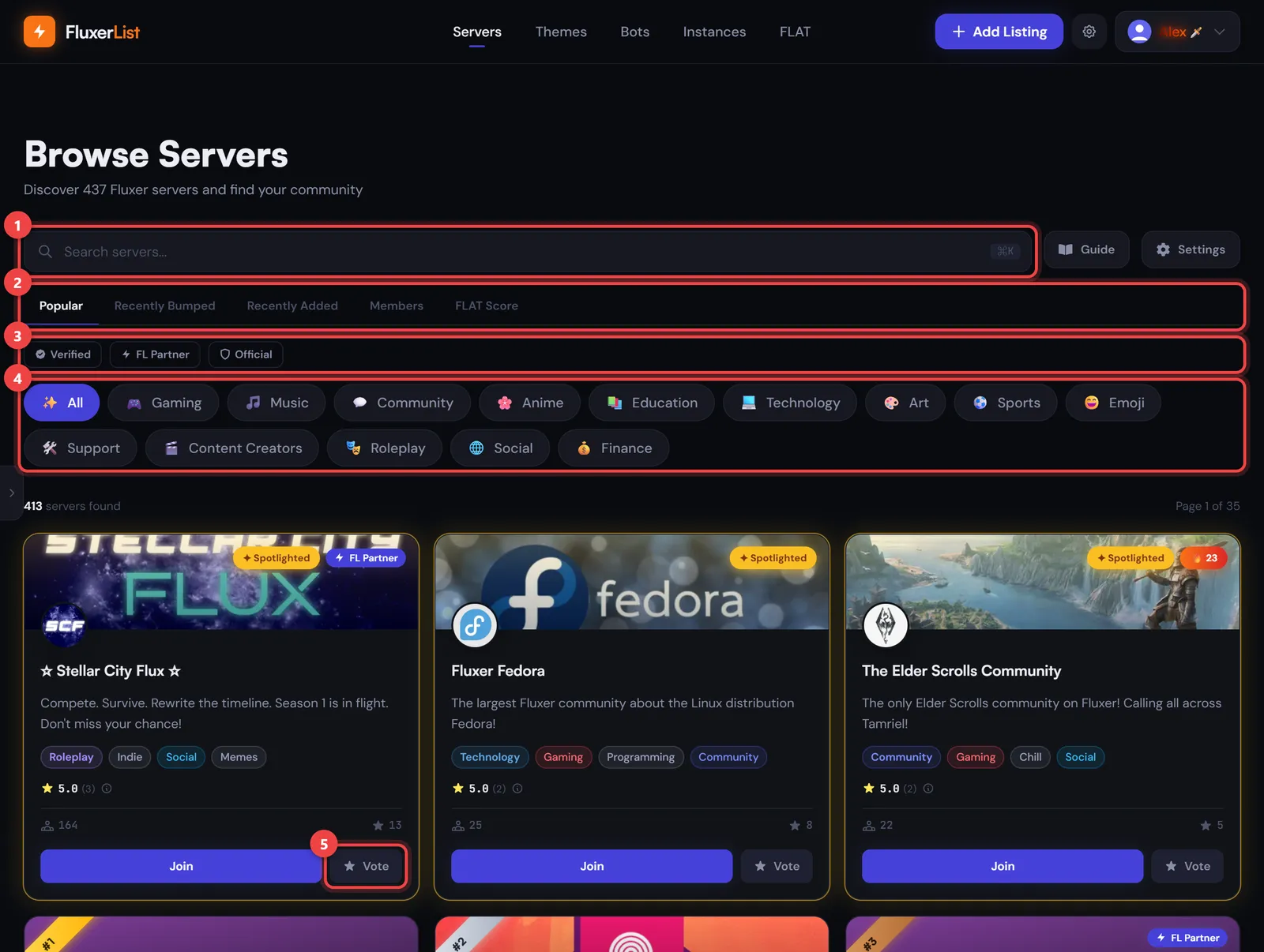 The Browse Servers page with numbered markers on the search box, the sort tabs, the badge filters, the category buttons, and a Vote button