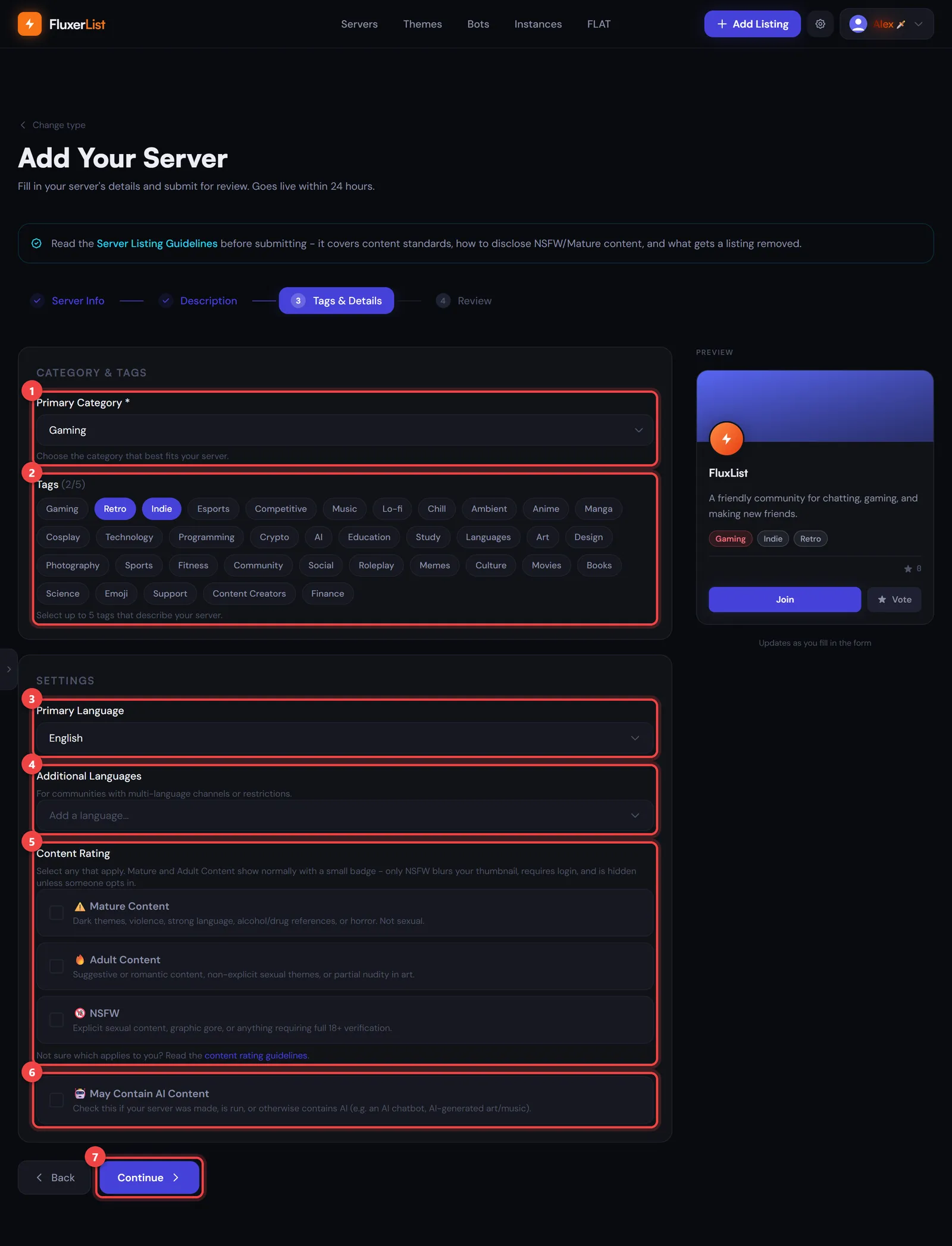 The Tags and Details page with numbered markers on the category, tags, languages, content rating, AI content box, and Continue