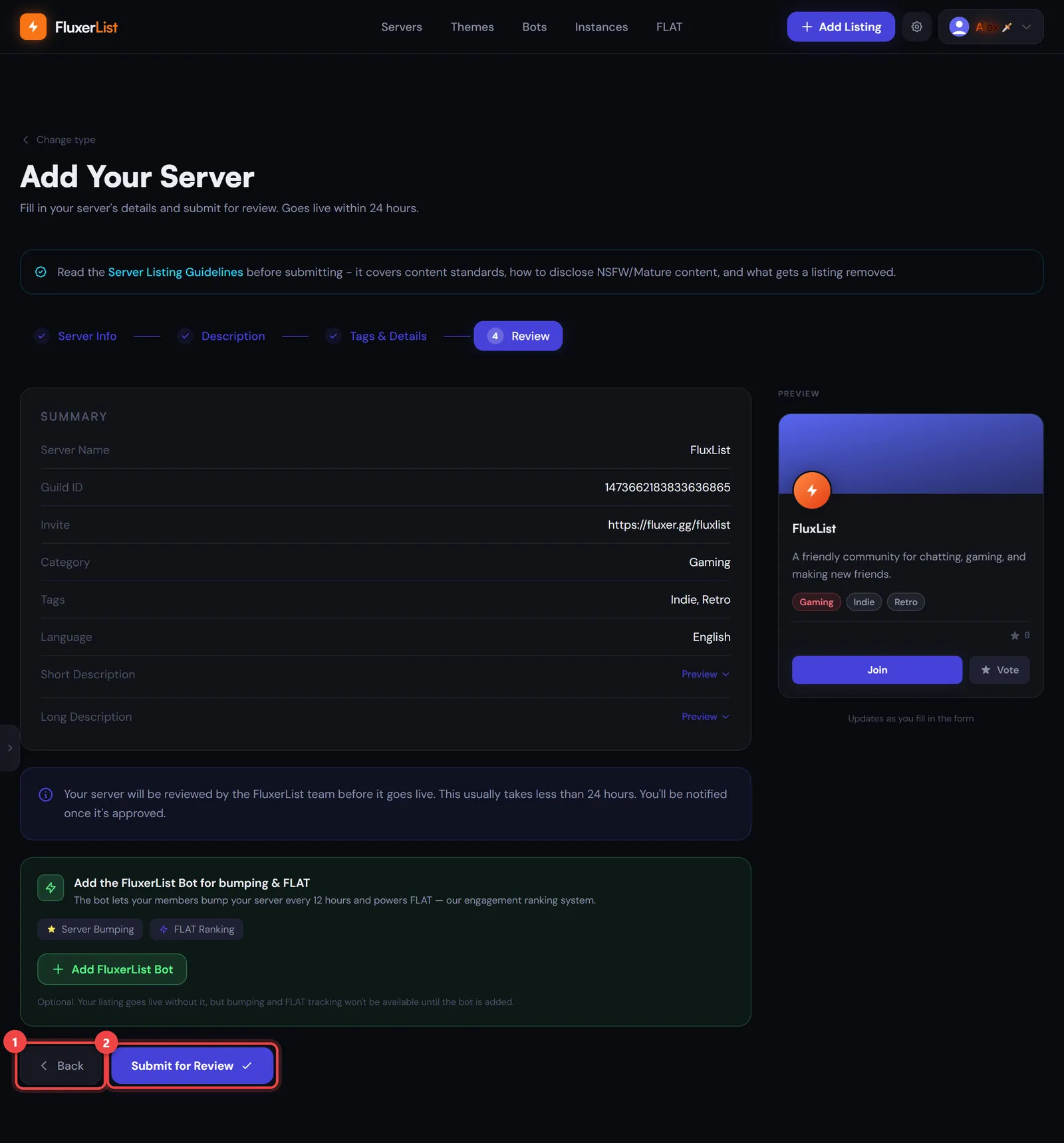 The Review page with the Back and Submit for Review buttons marked