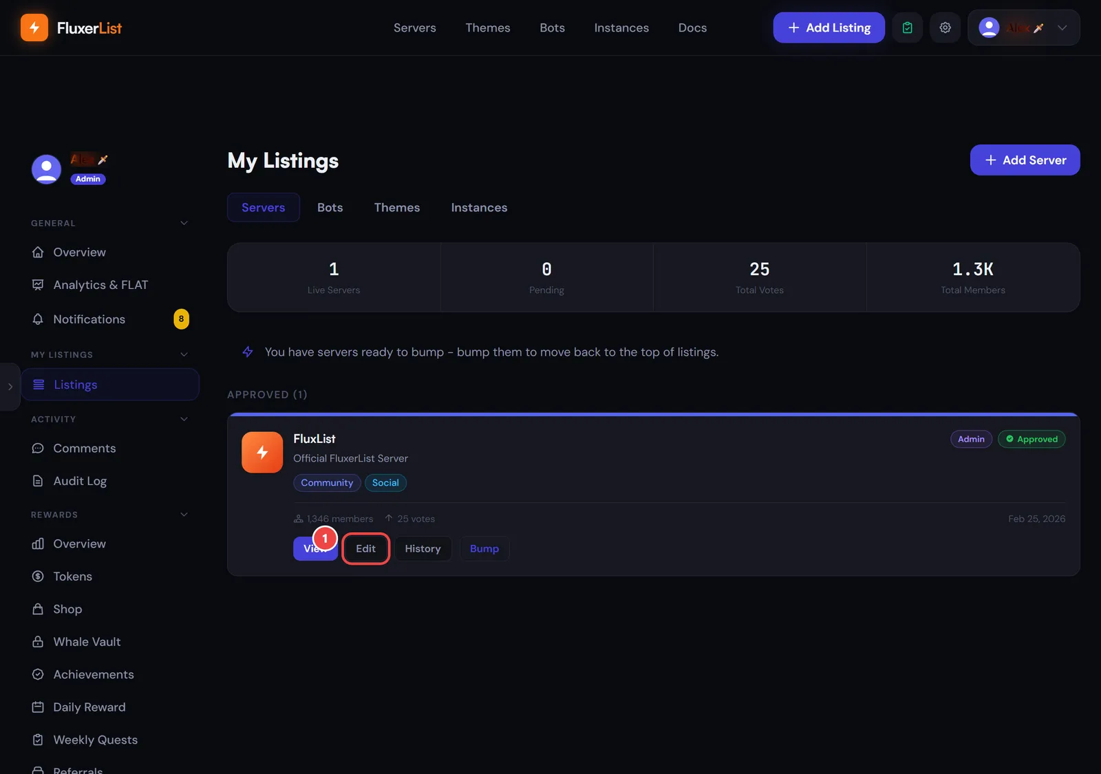 The Listings page in the dashboard with the Edit button marked with a 1