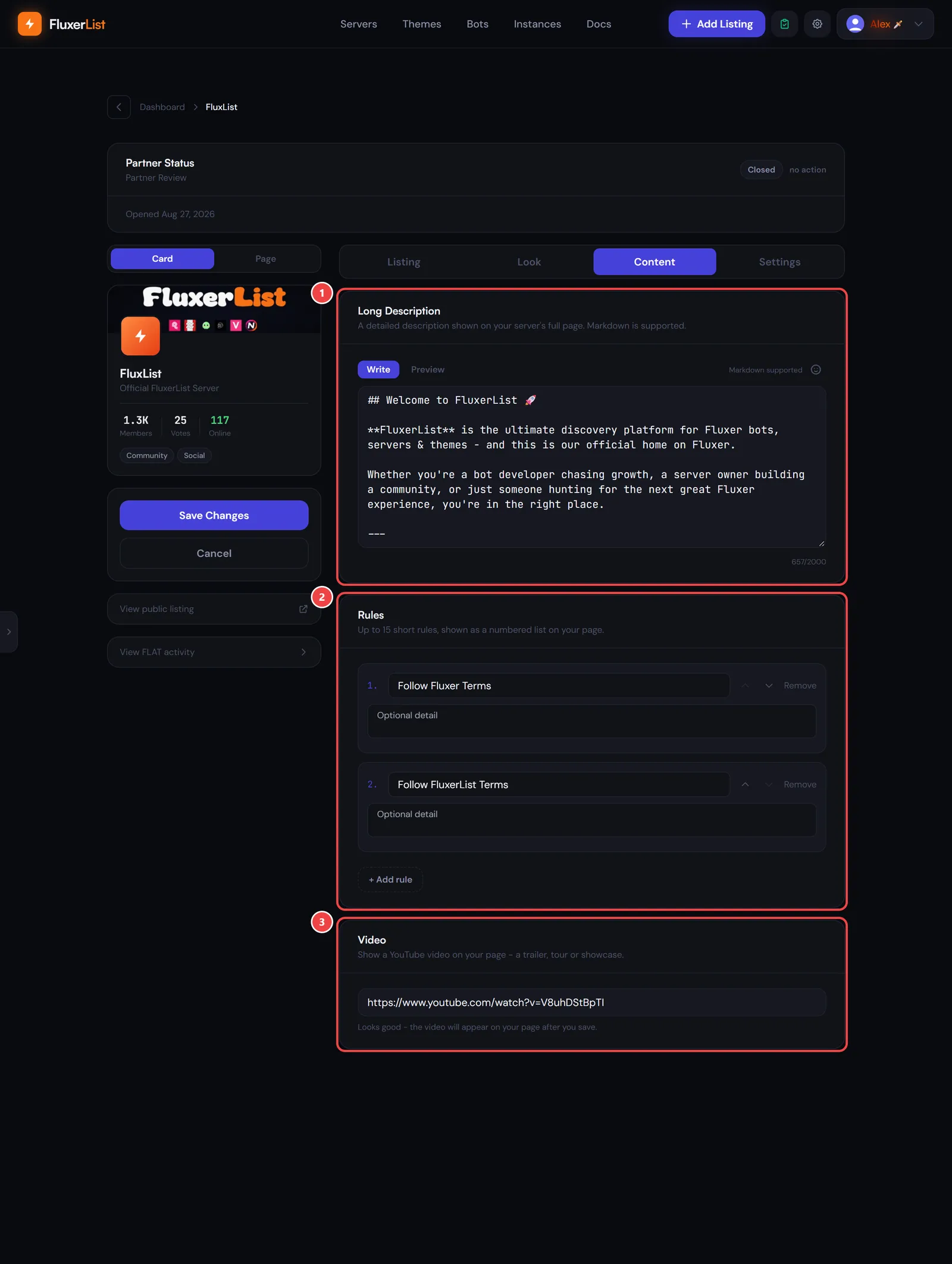 The Content tab with markers on the Long Description, Rules and Video sections