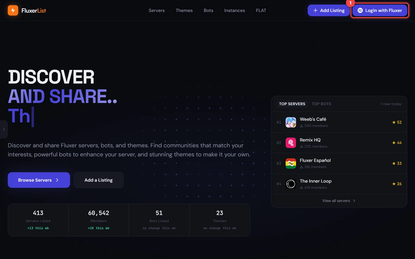 The Login with Fluxer button in the top right, marked with a 1