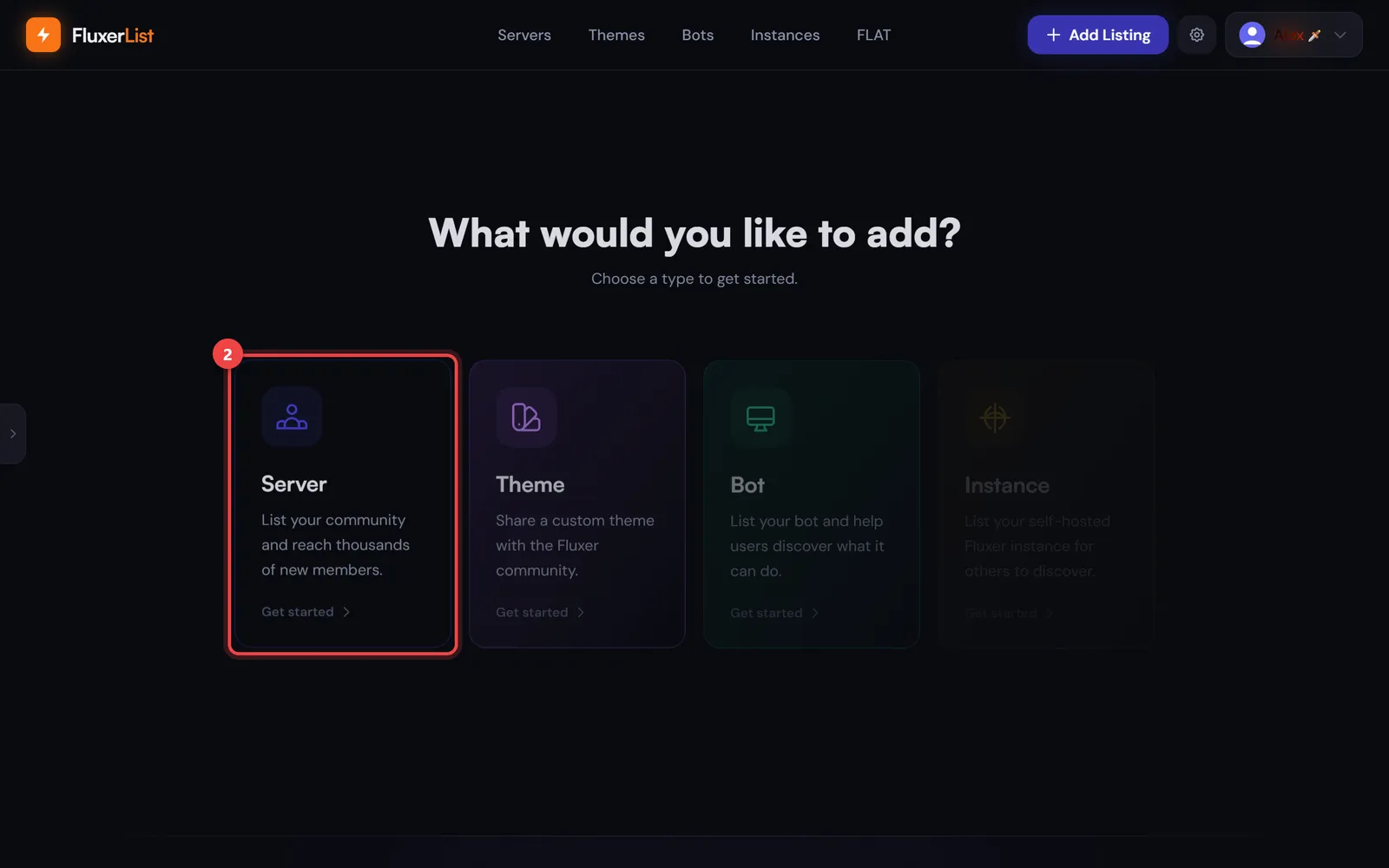 The four listing types, with the Server card marked
