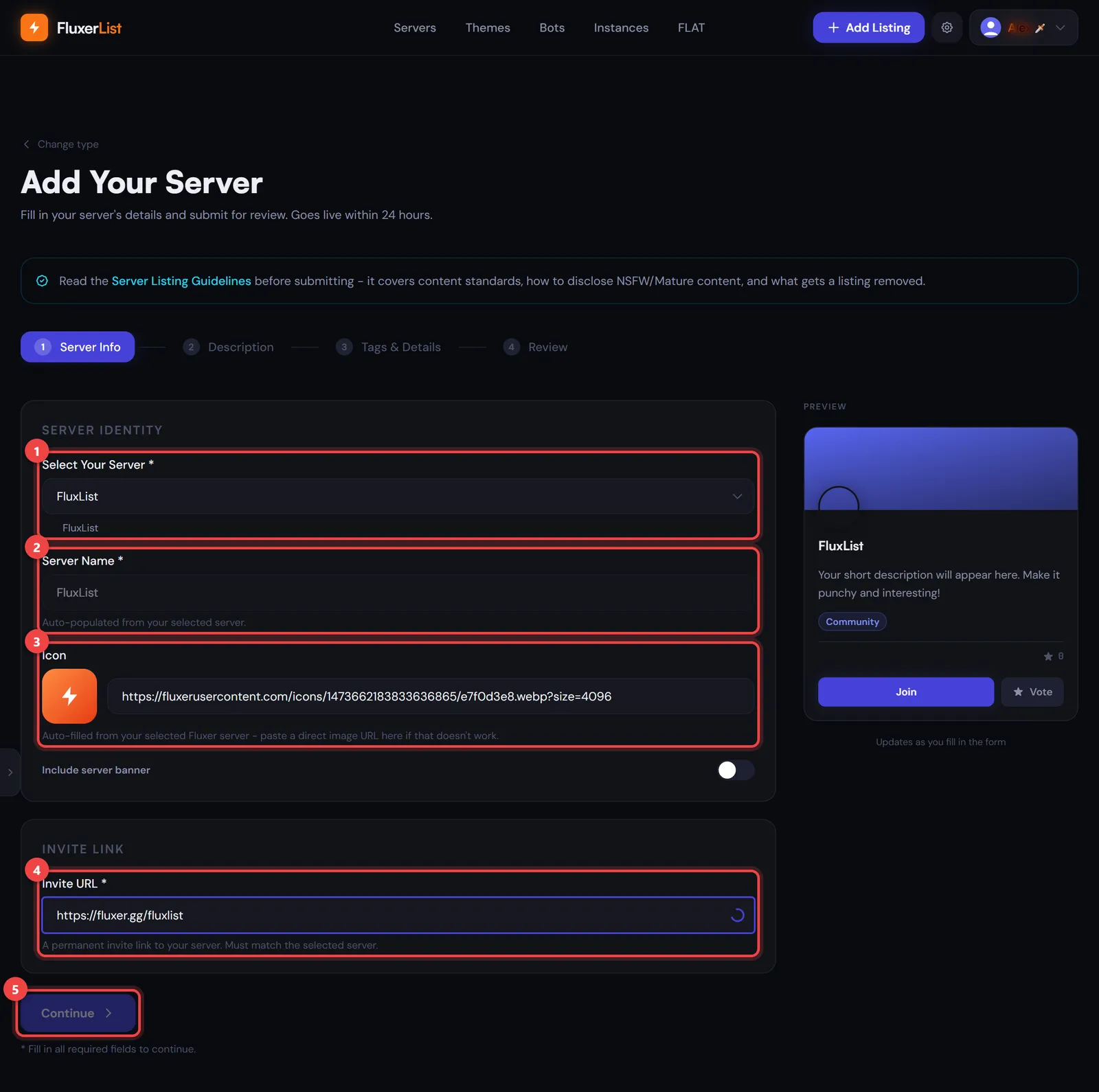 The Server Info page with numbered markers on the server picker, name, icon, invite URL, and Continue button
