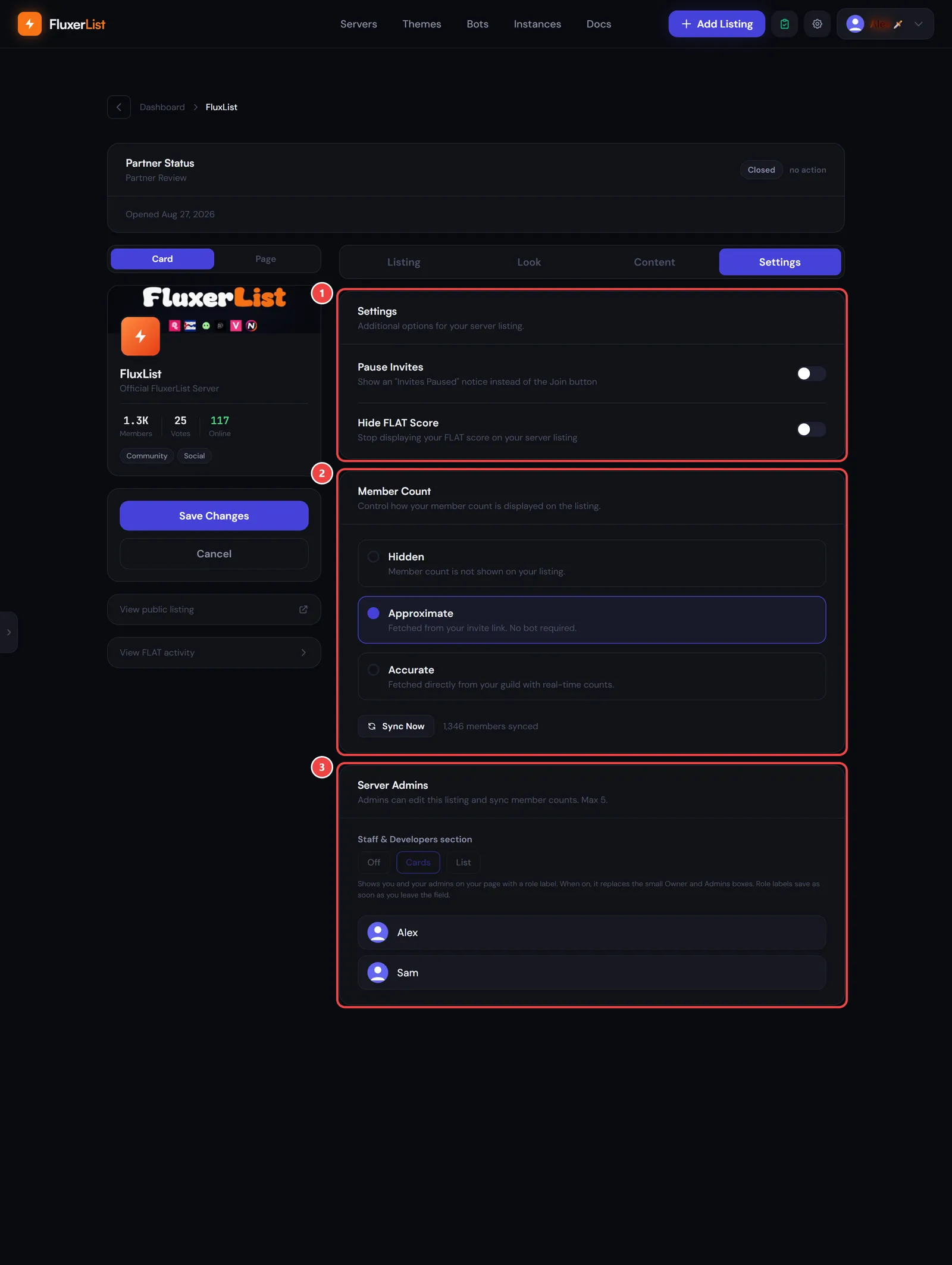 The Settings tab with markers on the Settings, Member Count and Server Admins sections