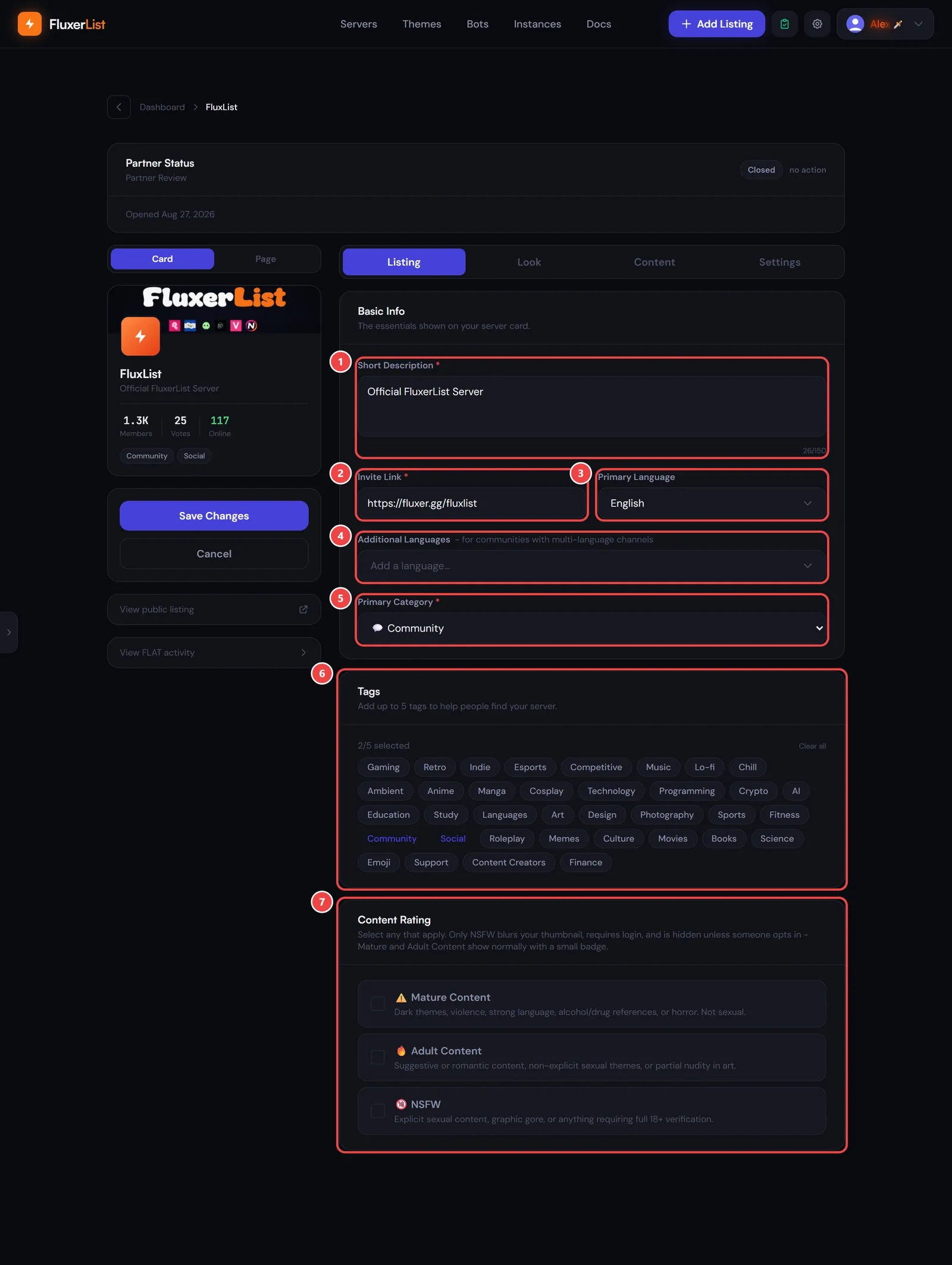 The Listing tab with numbered markers on each field, from Short Description to Content Rating