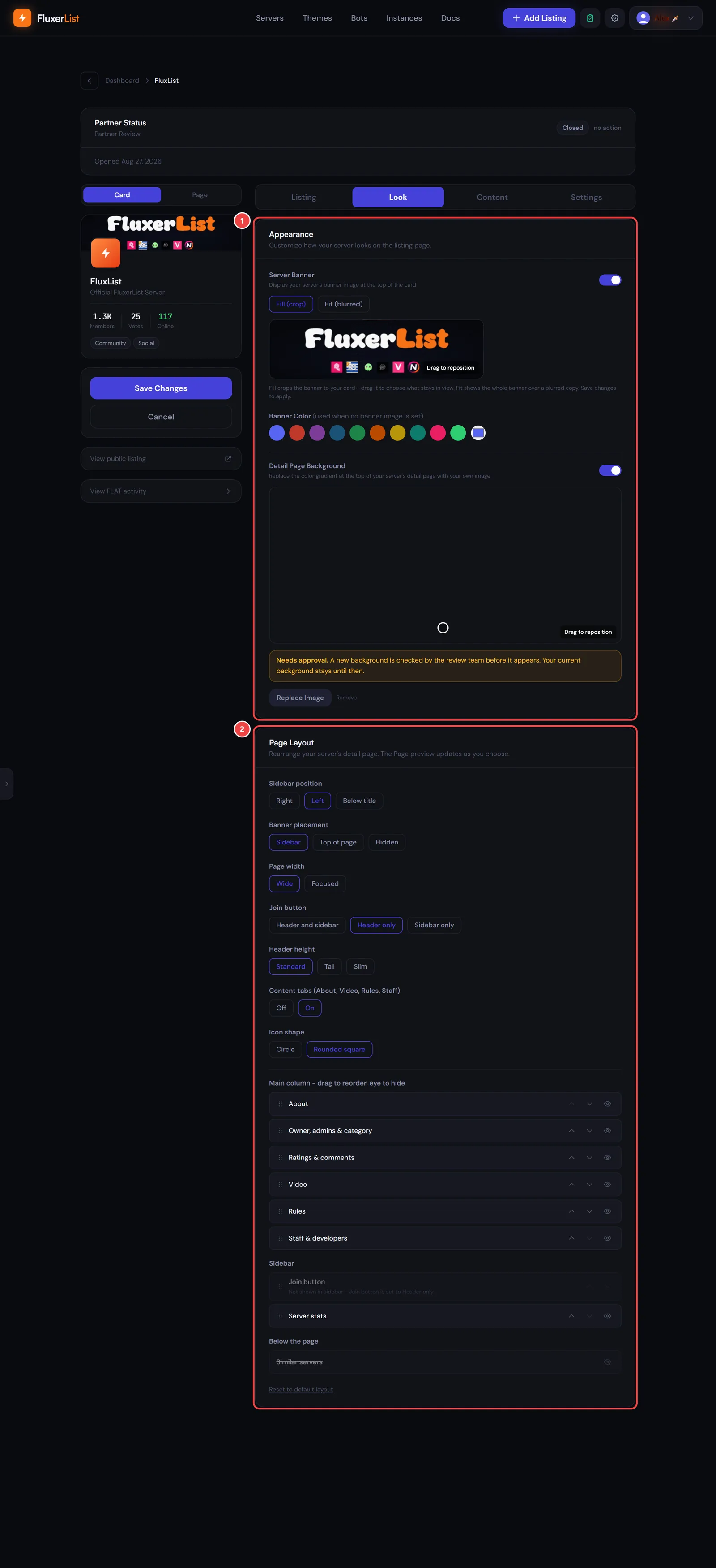 The Look tab with markers on the Appearance and Page Layout sections