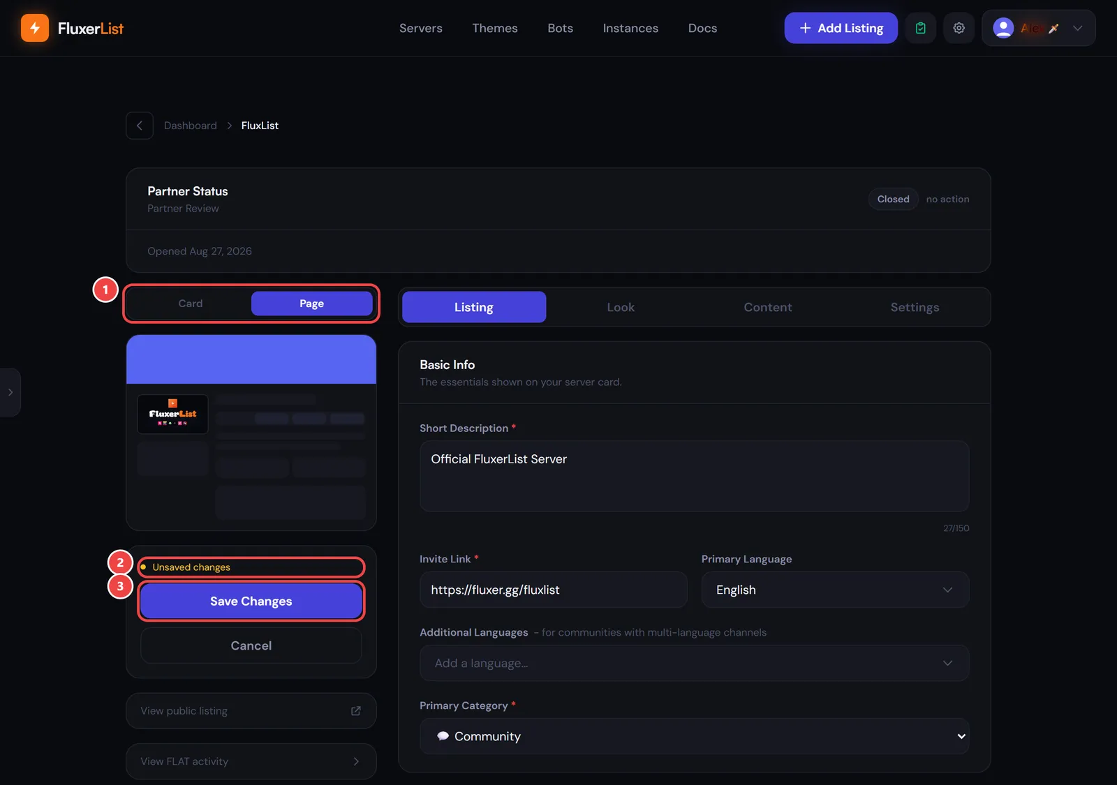 The editor with the Page preview switch, the Unsaved changes marker, and the Save Changes button marked