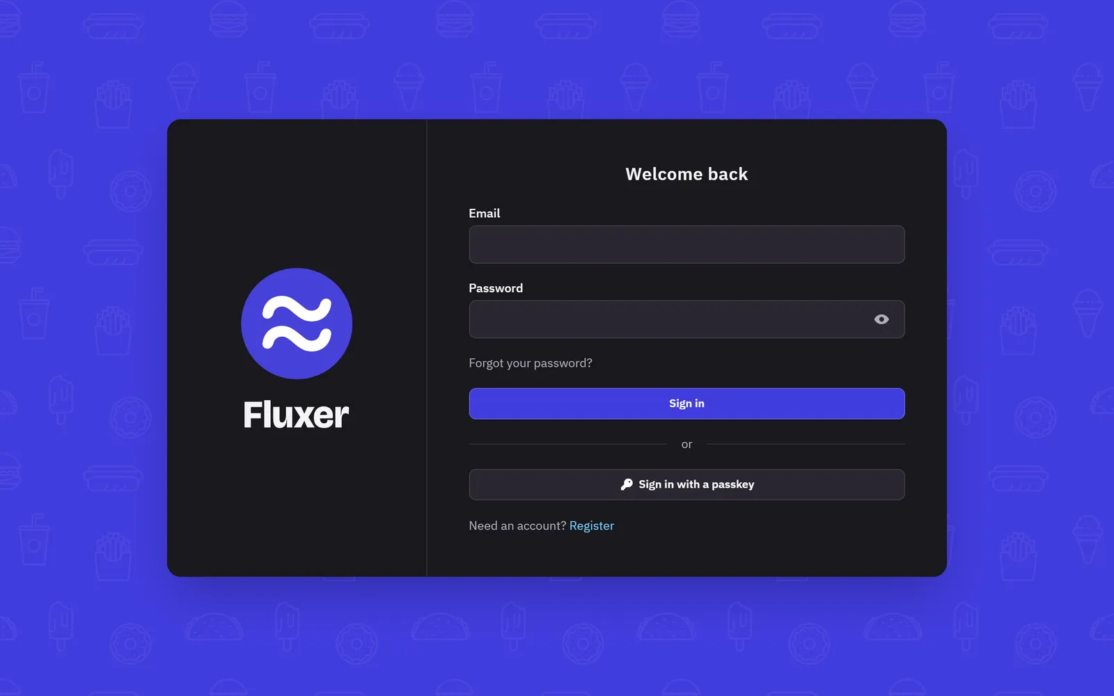 Fluxer's sign-in page with email and password boxes